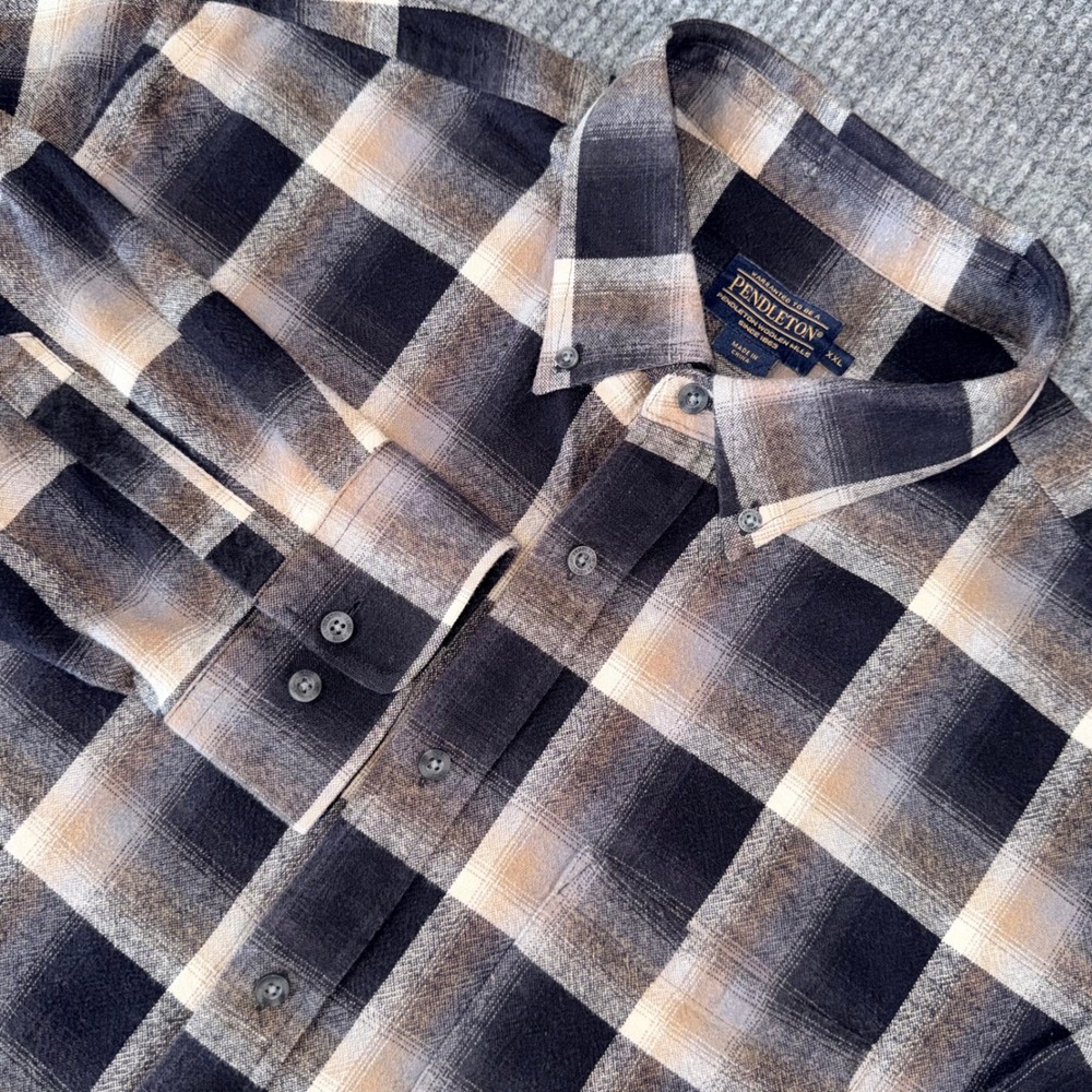 Pendleton Mens XXL Plaid Flannel Shirt Brown Black Tan Button Down RA351-65417